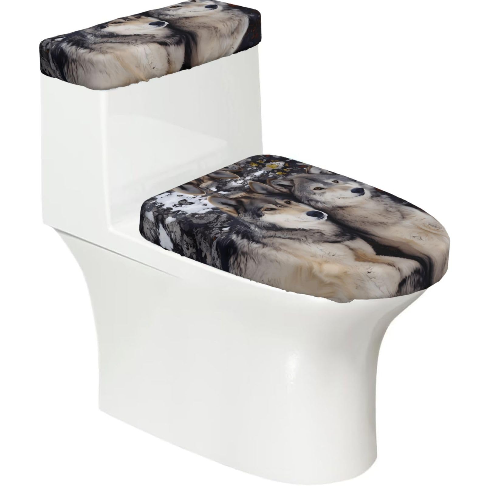 Two Wolves 2-Piece Toilet Seat Cover Set with Tank Lid - Elastic for U-Shape & Elongated - Bathroom Decor