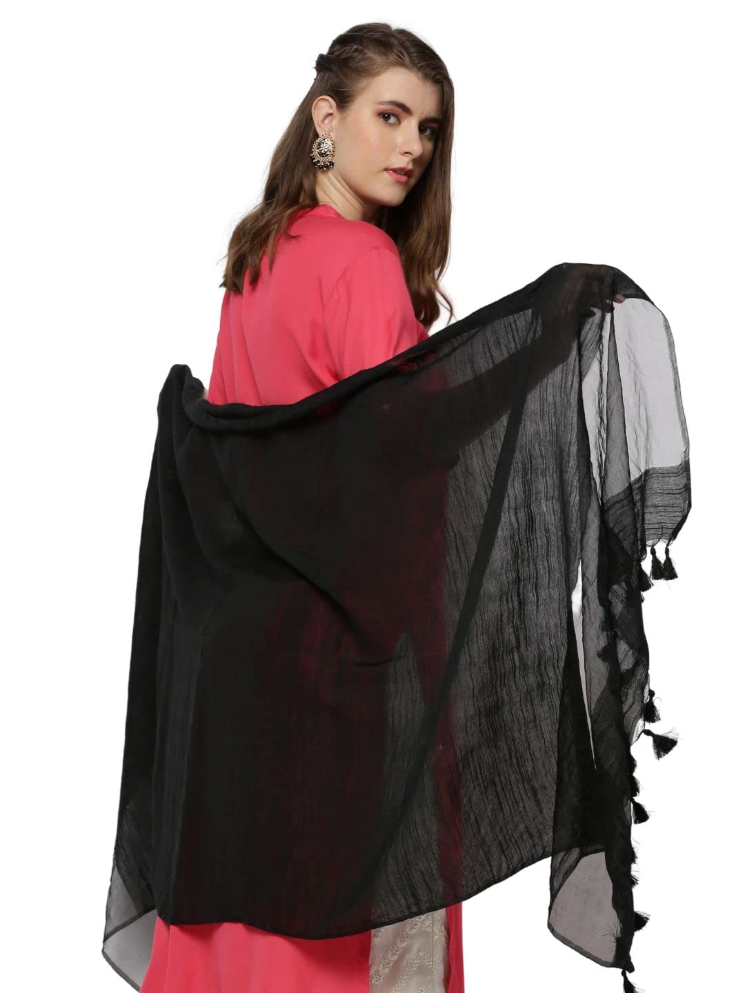 Women's Black Linen Dupatta With Organza Border And Tassels, 2.4 Meter