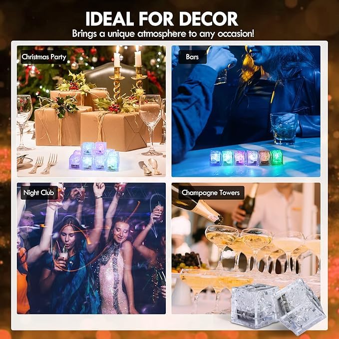 Image of Light Up Ice Cubes for Drinks (Pack of 12, Multicolor), LED Liquid Activated Glow Cubes, Waterproof Reusable Square Ice Cubes for Party, Home Bar, Wedding Decoration, Plastic