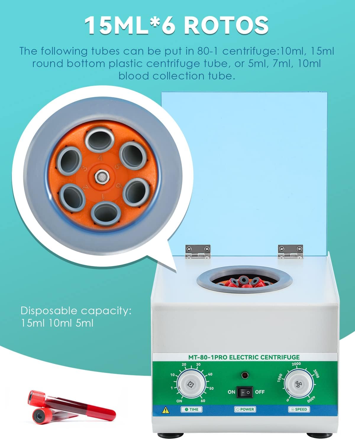 Mxmoonant Centrifuga da Laboratorio, 4000rpm, 6x15ml, 1865xg, 60min Timer, Adatta per Provette da 15ml/10ml/5ml, per Separazione di Campioni, Analisi Qualitativa (Spina UE)