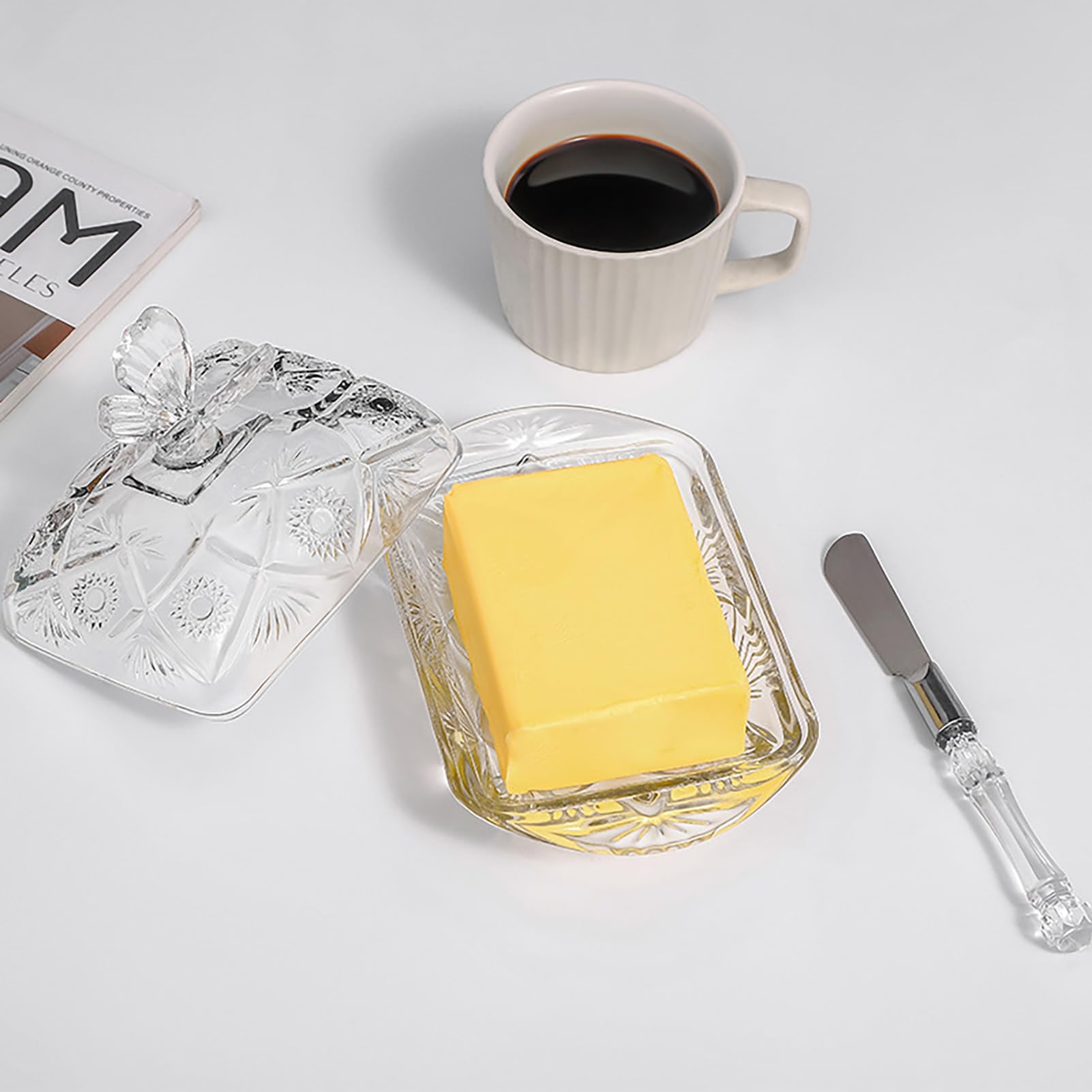 Plato de Mantequilla de Vidrio, Soporte para Mantequilla con Cuchillo de Mantequilla de Acero Inoxidable Recipiente para Mantequilla con Tapa Cubierta de Cristal para Pastel Queso