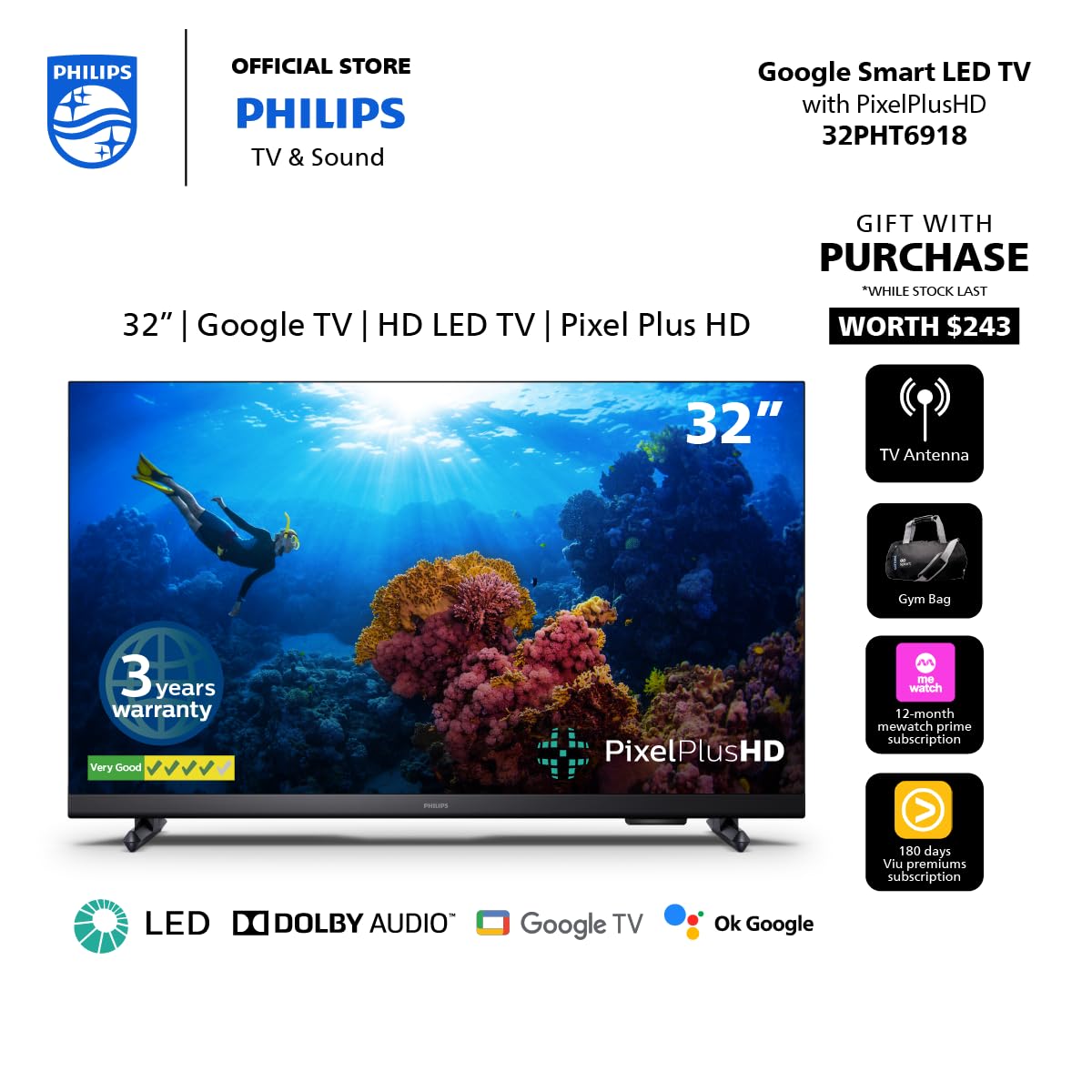 Philips 32PHT6918/98 6900 Series Google Smart LED TV, 32