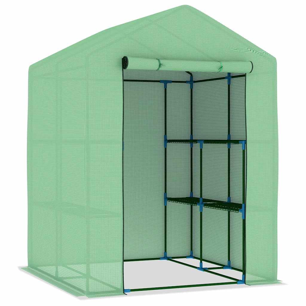 Gewächshaus mit Ablagen Stahl 143x143x195 cm für Hobby-Gartenbau, Pflanzenpflege, Gemüse, Kräuter, Blumen, Überwinterung, Balkon, Terrasse, mit Tür, Regalböden, robustem Stahlrahmen