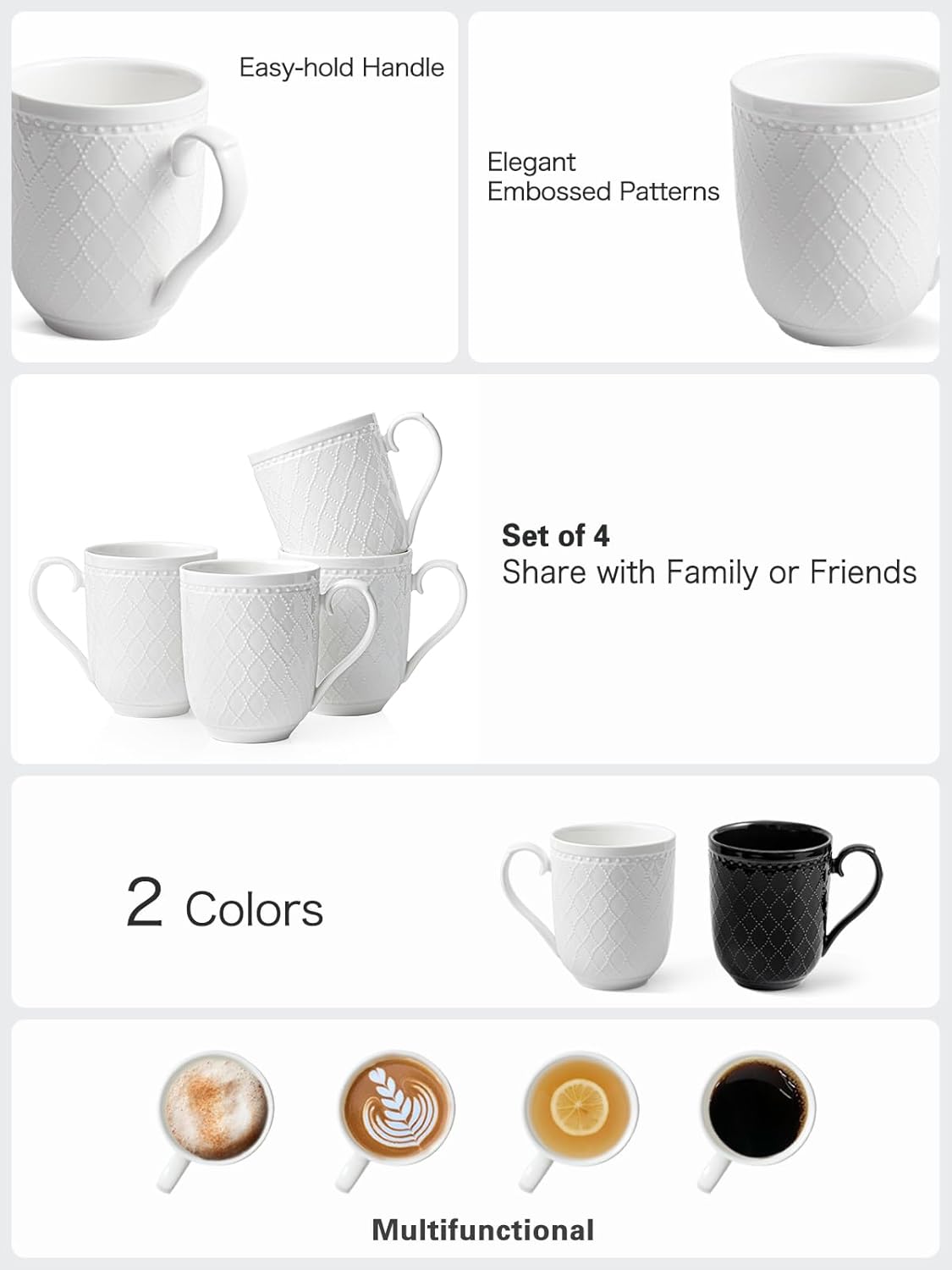 Kanwone Coffee Mugs 16oz, Ceramic Mugs Set, Porcelain Cups with Handle for Latte, Hot Tea, Cappuccino, Mocha, Cocoa, Housewarming Wedding Gift, Microwave and Dishwasher Safe, Set of 4, White - Image 3