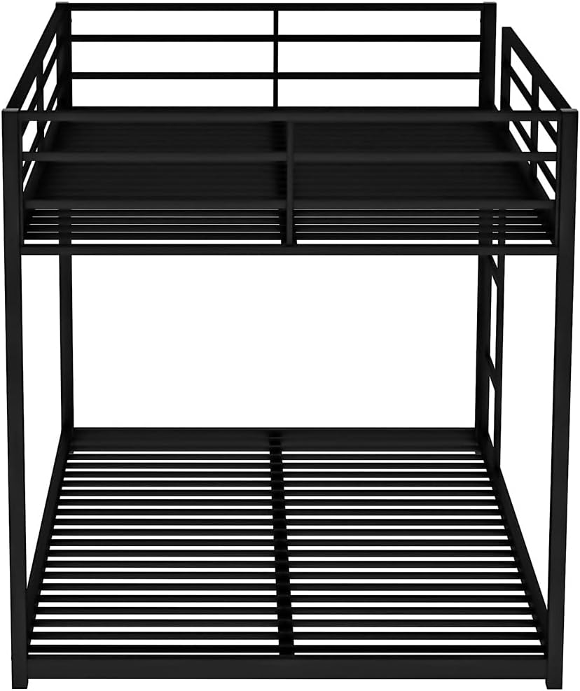 Metal Bunk Bed Twin over Twin, Heavy Duty Bunk Bed Frame with Full-Length Guardrails and Ladder, Floor Bunk Bed with Sturdy Slats Support for Teens Adults, Space Saving, No Box Spring Needed, Black