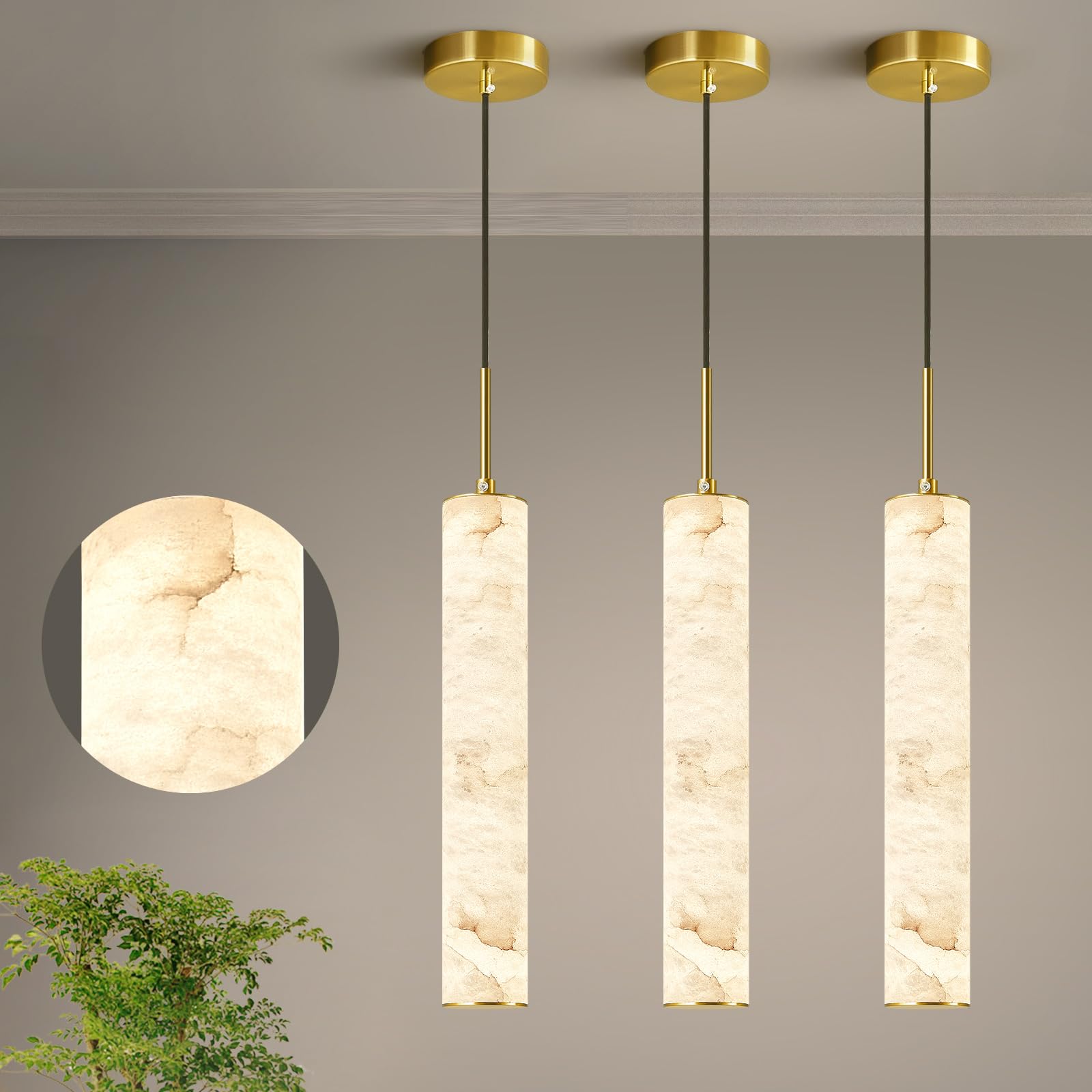 LMQNINE Natural Alabaster Pendant Lights for Kitchen Island White Marble Long Tube Chandelier Modern Gold Ceiling Light Fixtures for Bedroom Dining Room Table Living Room Hallway(M-3Pack)