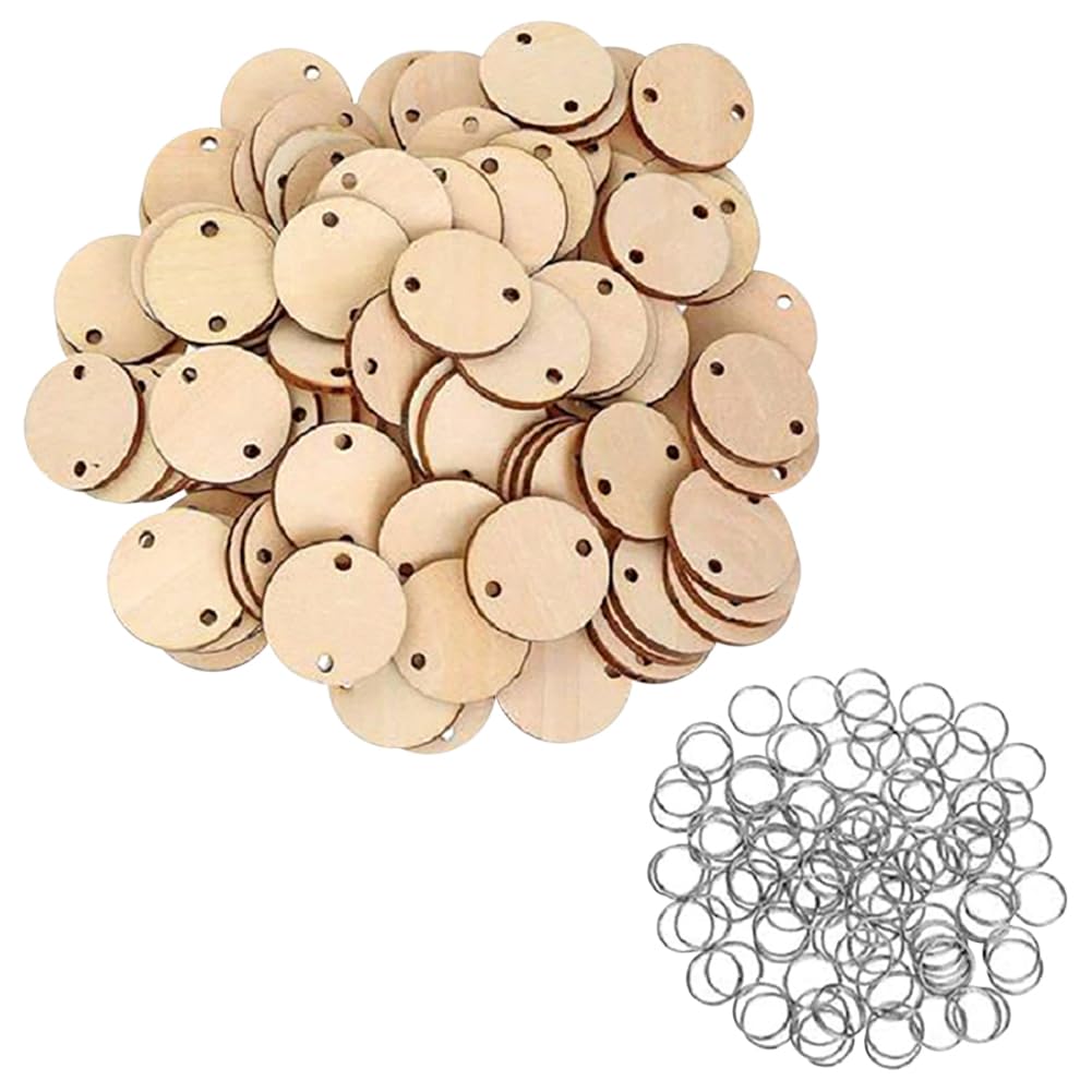 GSHLLO 100 Pcs 1.2 Inch Wooden Circle Tags with 2 Holes, Small Round Wood Discs, Mini Unfinished Wooden Circles, Family Birthday Board, Craft Kit