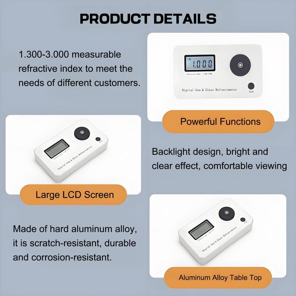 Digital Gemstone Refractometer, Jewelry Tester Identification Tools, with LCD Screens - Refractive Index 1.300-3.000 for Jewelry, Jade, Crystal