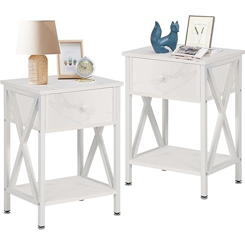 VECELO Nightstands Set of 2, Modern Bedside End Tables, Night Stands with Drawer and Storage Shelf for Living Room Bedroom, Industrial Metal Frame