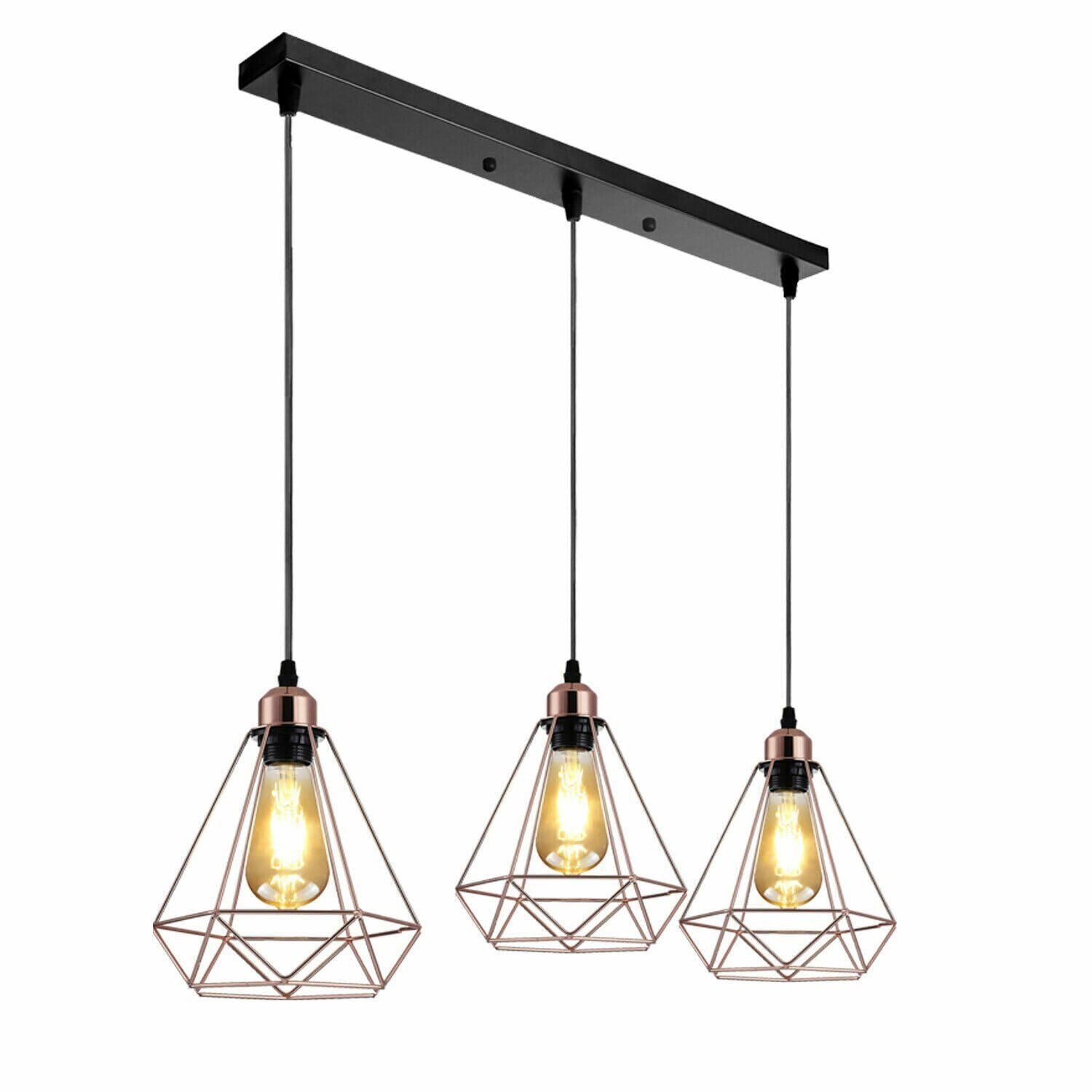 LEDSone Vintage metalowa 3-głowicowa lampa przemysłowa wisząca z drucianej klatki, diamentowa klatka, czarna wisząca lampa sufitowa E27, mocowanie z płytą sufitową 50 cm (diament 3, różowe złoto)