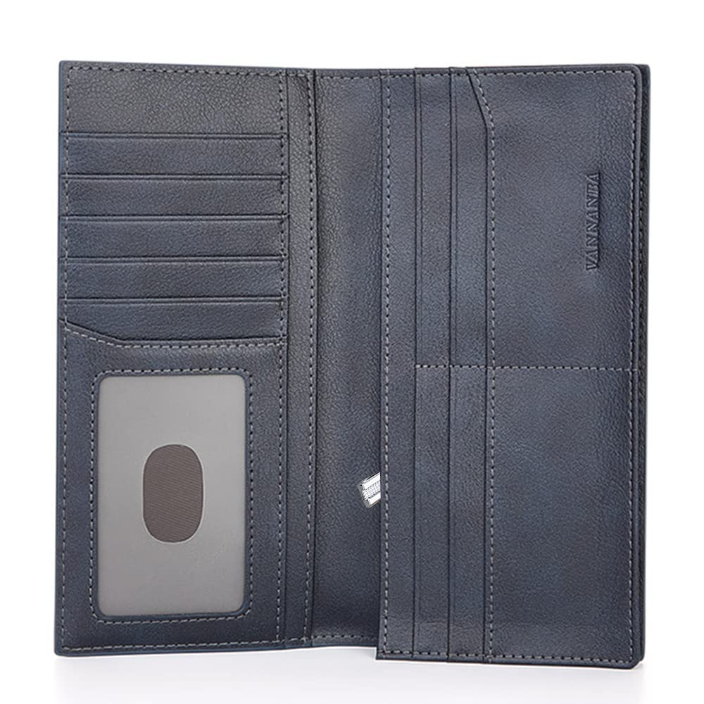Mens Bifold Long Wallet RFID Blocking Checkbook Wallets,Italian Leather Slim Card Holder for Men with Gift Box, Dark Blue, Classic