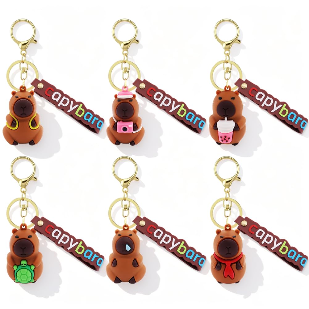 Vexthorion Unisex Kids Brown Capybara Keychains - 6Pcs Capybara Key Ring, Cartoon Animal Figure Keyring Pendant Capybara Car Key Holder Cute Keychain Charm Kids Gifts (Camera,Milk,Runny Nose,Scarf,Turtle Backpack Style) (6B)