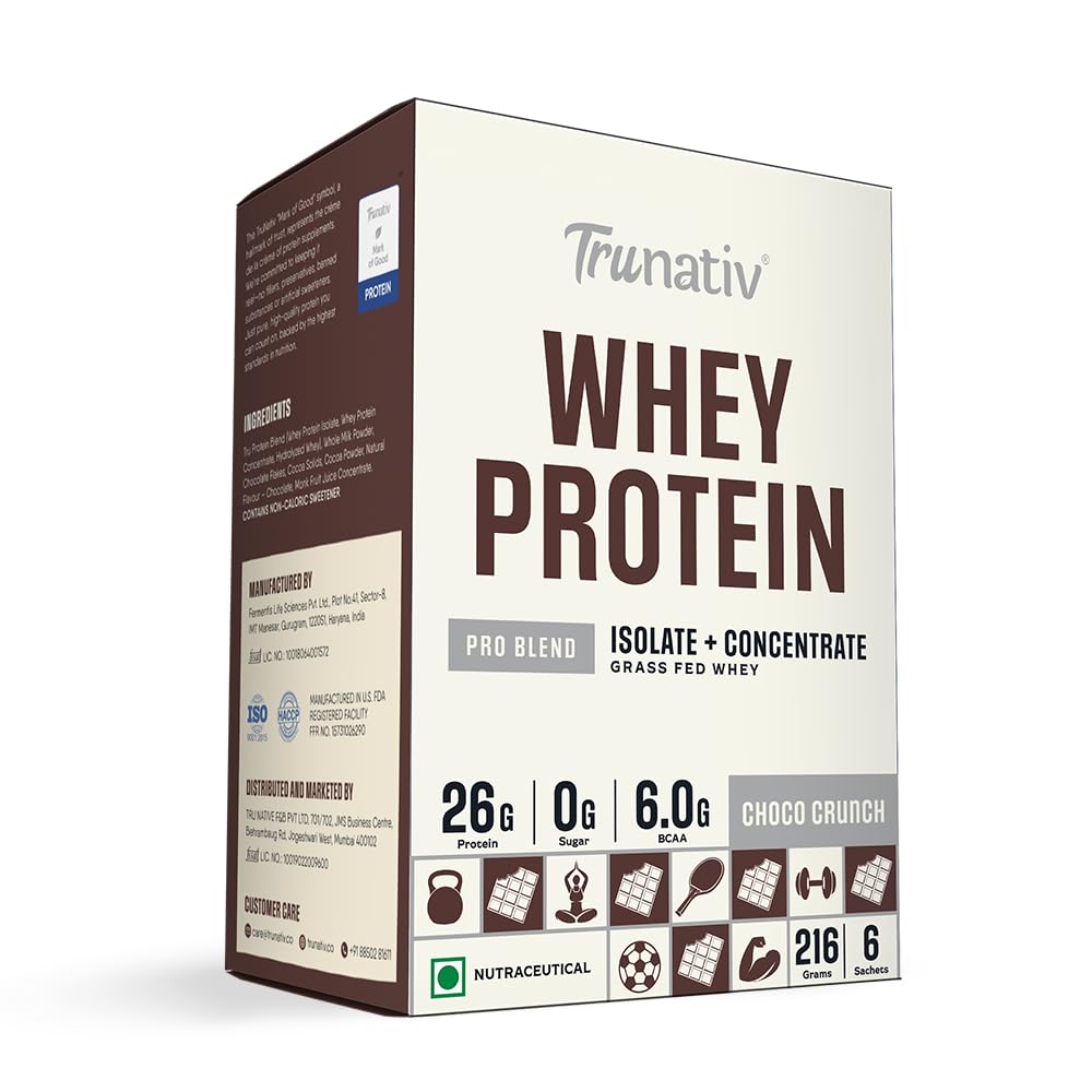 Trunativ Pro Blend Whey Protein Powder Isolate & Concentrate | 100% Light & Clean Protein Powder | 26g Protein | 6g BCAA | 12.52g EAA | No added sugar | Choco Crunch | 216g