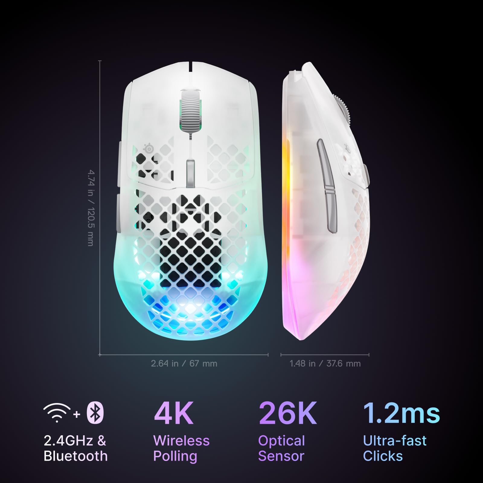 SteelSeries Aerox 3 Wireless Gen 2 - Mouse da gioco super leggero da 68 g, polling 4K, sensore ottico 26K DPI, batteria 200 ore, resistente all'acqua IP54, durata del clic 80 m, RGB, piedini in PTFE