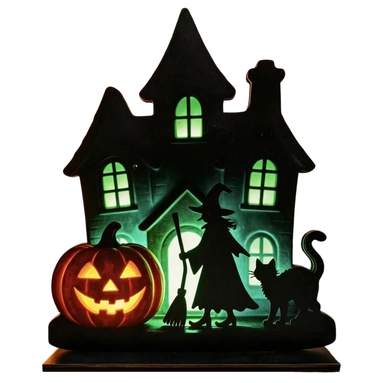 Tuxoiou Halloween Witch Wooden Table Centerpiece, Spooky Castle Witch Black Cat Standing Tabletop Ornament for Halloween Party, Desk Tiered Tray Decor C