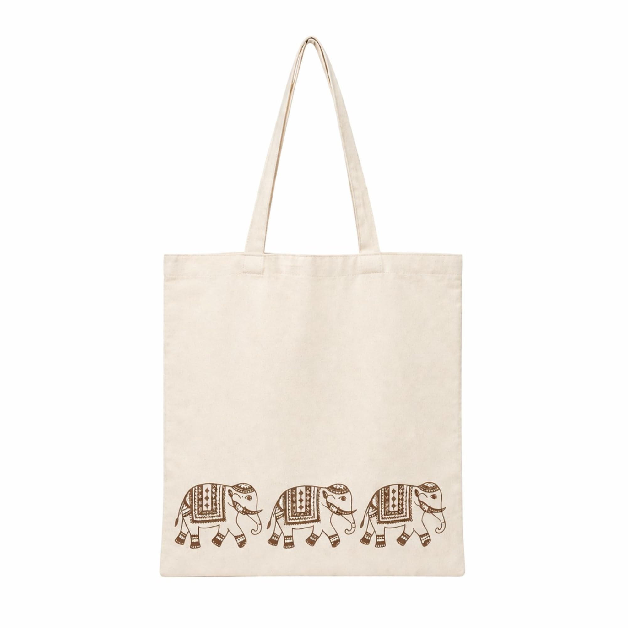 Cotton Canvas Elephant Print Tote Bag for Women, Eco Friendly Hand Printed Shoulder Shopping Bag for Daily Use-image-5