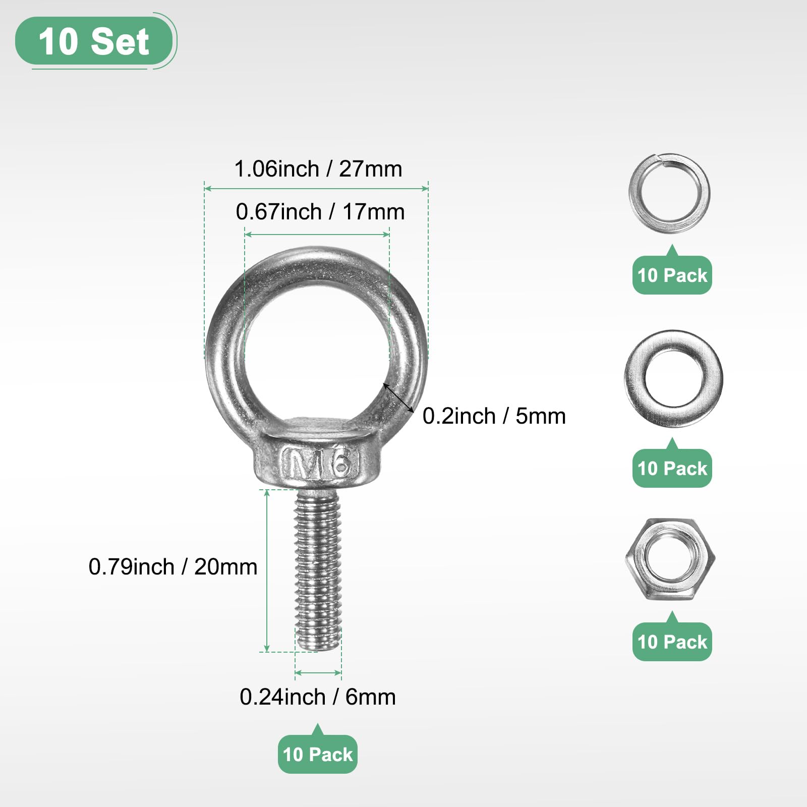 M METERXITY 10-Sets Stainless Eyebolt M6x20mm Shoulder Lifting Eye Bolt with Nuts Washers Male Screw Thread Ring Shoulder Eye Bolts Length 0.79 Inch for Suspending/Fastening - Image 3
