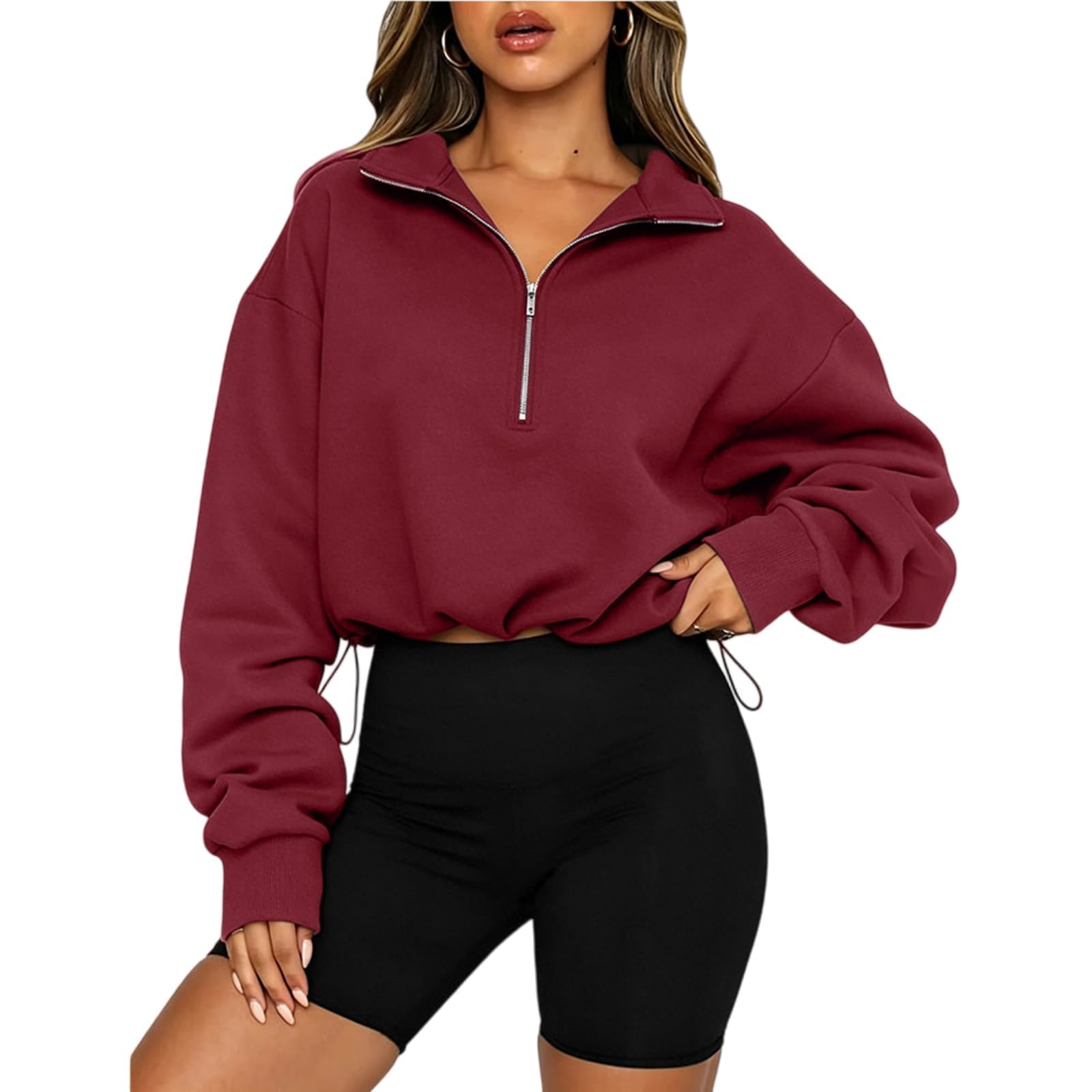 Sudadera corta de cuello alto con cremallera de un cuarto para mujer | Sudadera ligera de cuello alto con cordón ajustable, estilo casual de otoño, con media cremallera y manga larga
