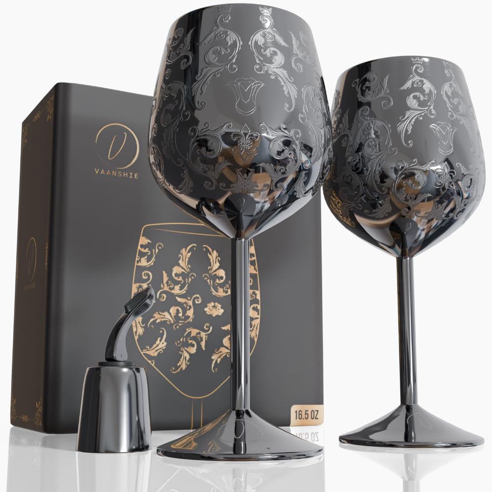 Copas de vino de acero inoxidable de 17 onzas [Juego de 2] - Copas de vino negras reales con intrincados grabados barrocos, copas de vino irrompibles e inastillables con tapón de botella para