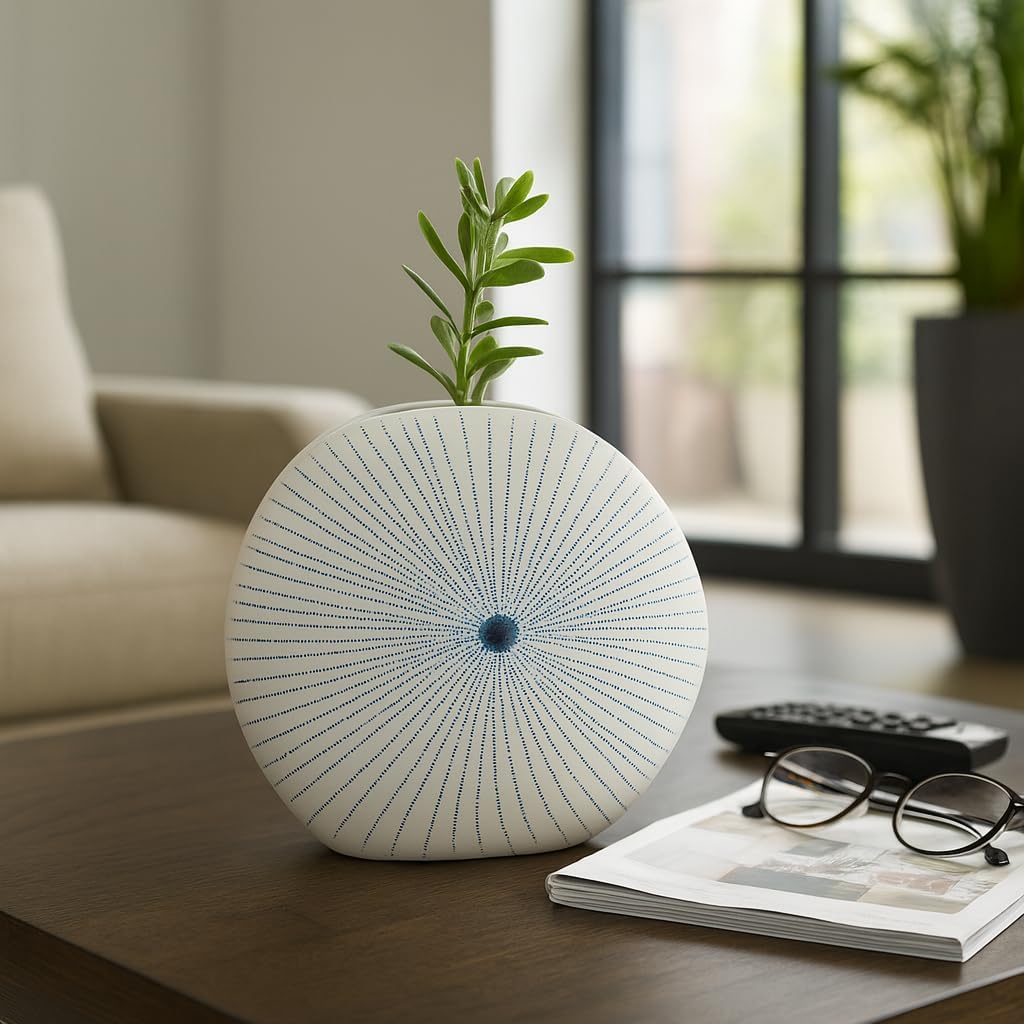 Ceramic Shell Vase with Dotted Pattern for Living Room Decor and Home Accents - Decorative Flower Vase for Room, Bedroom, or Office Display - Perfect for House and Table Styling - 9", White & Blue
