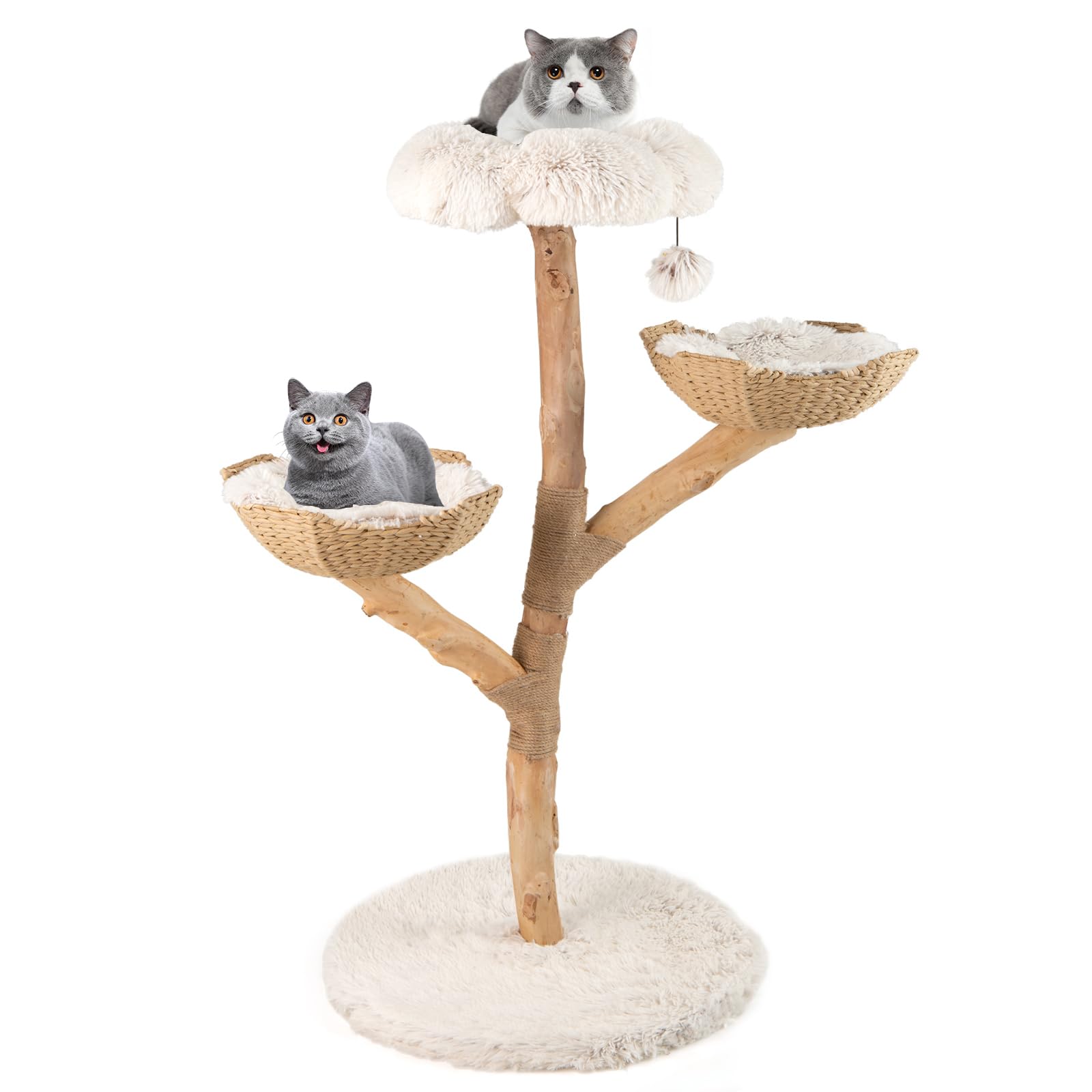 COSTWAY Rascador para Gatos, Árbol para Gatito Moderno de Madera Maciza, 122 cm Torre Gatos Rascador con Plataforma Forma de Flores, 2 Nidos con Cojines, Poste de Yute, Bola Colgante, Blanco y Natural