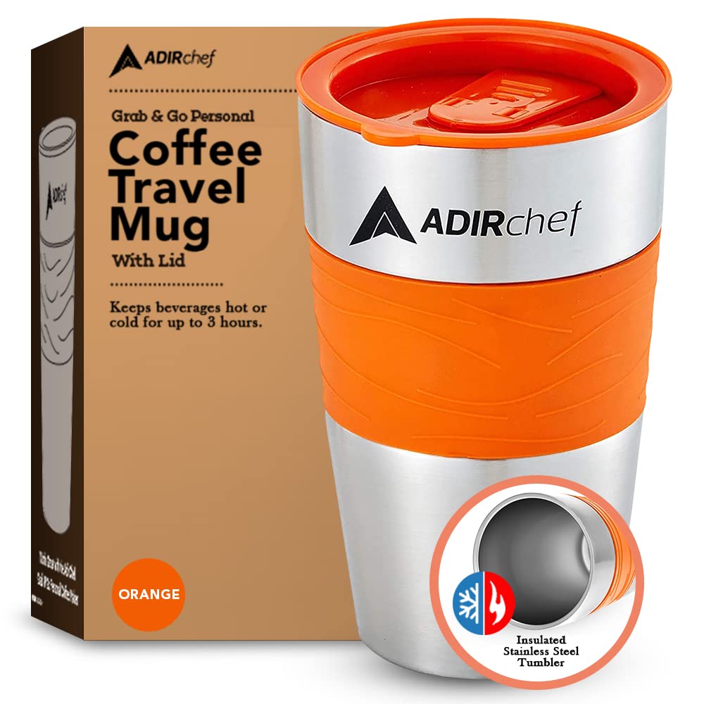 adirchef travel mug 15 oz - insulated bpa free stainless steel vacuum tumbler w/spill proof slide lid for hot/cold drinks great for outdoor, driving, home or office use
