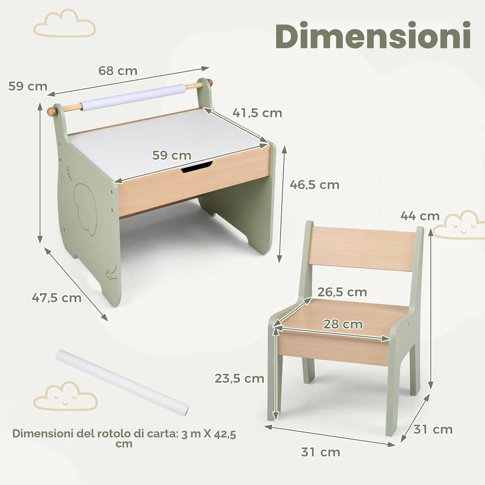 LIFEZEAL Tavolino e Sedia per Bambini 3+Anni, Tavolo con Lavagna Bifacciale, Contenitore Nascosto, Rotolo di Carta, Sedia con Schienale, Tavolino Montessori Multiattivita per Cameretta (verde)