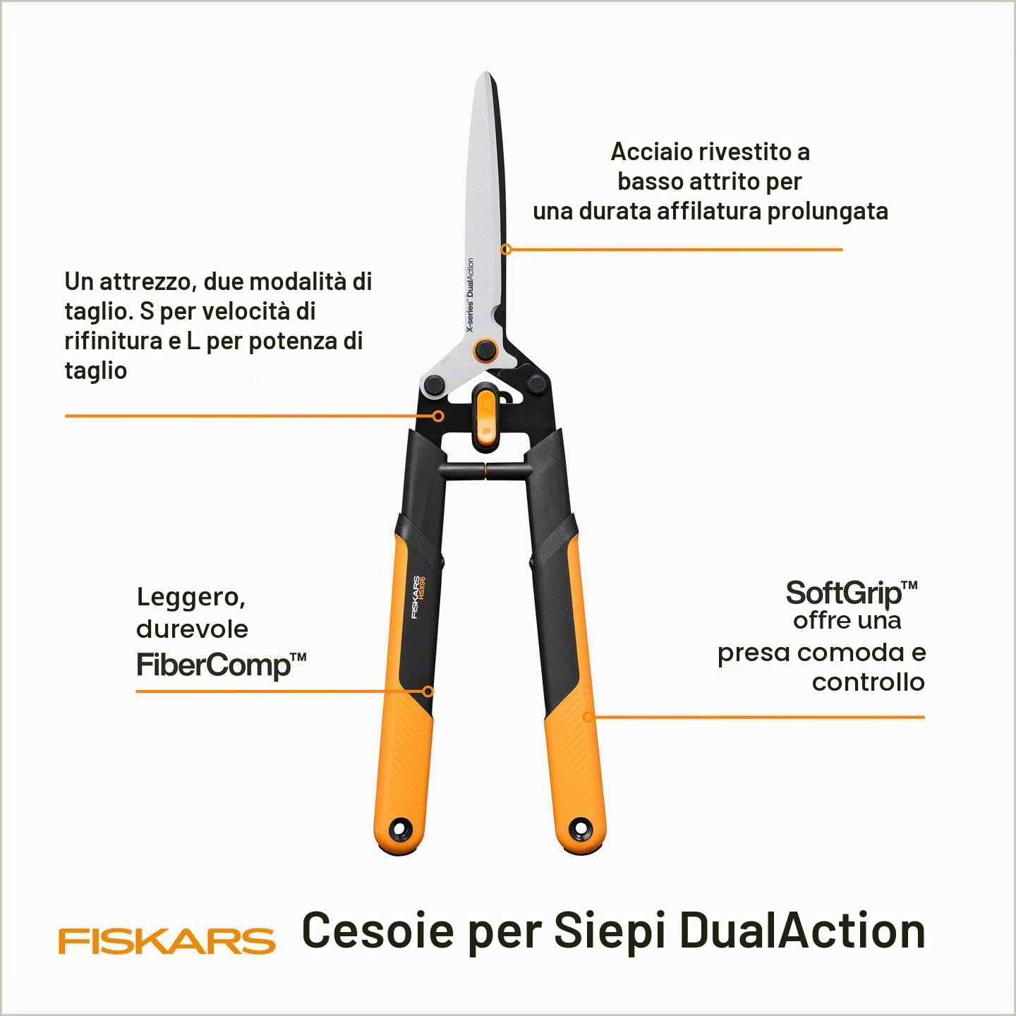 Fiskars X-series DualAction Tagliasiepi HSX96 | Modalità 2 in 1 Per Tagli Rapidi o Potenti, Nero/Arancione, 1080134