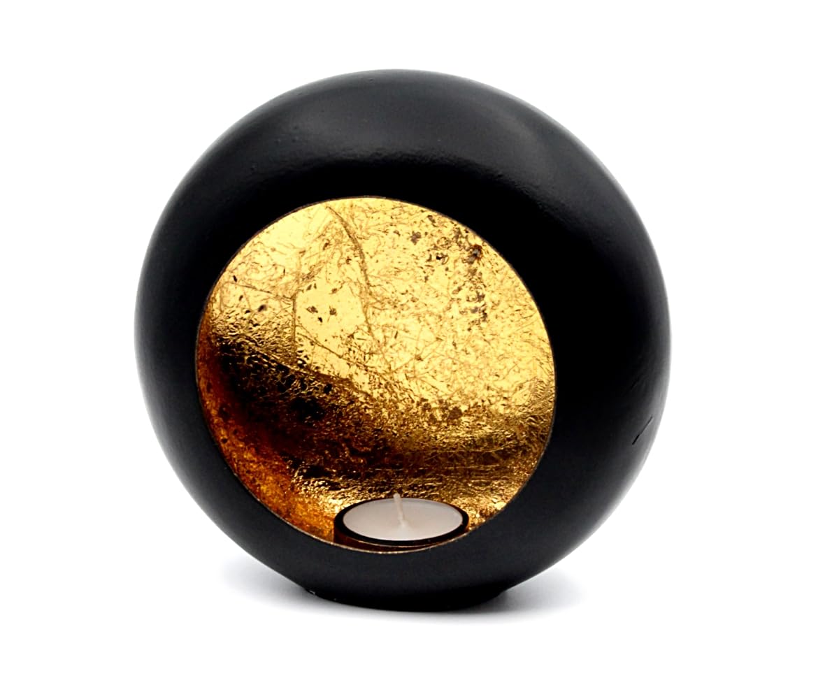 Portavelas de té, color negro y dorado, portavelas de metal, redondo, 16 cm x 7 cm