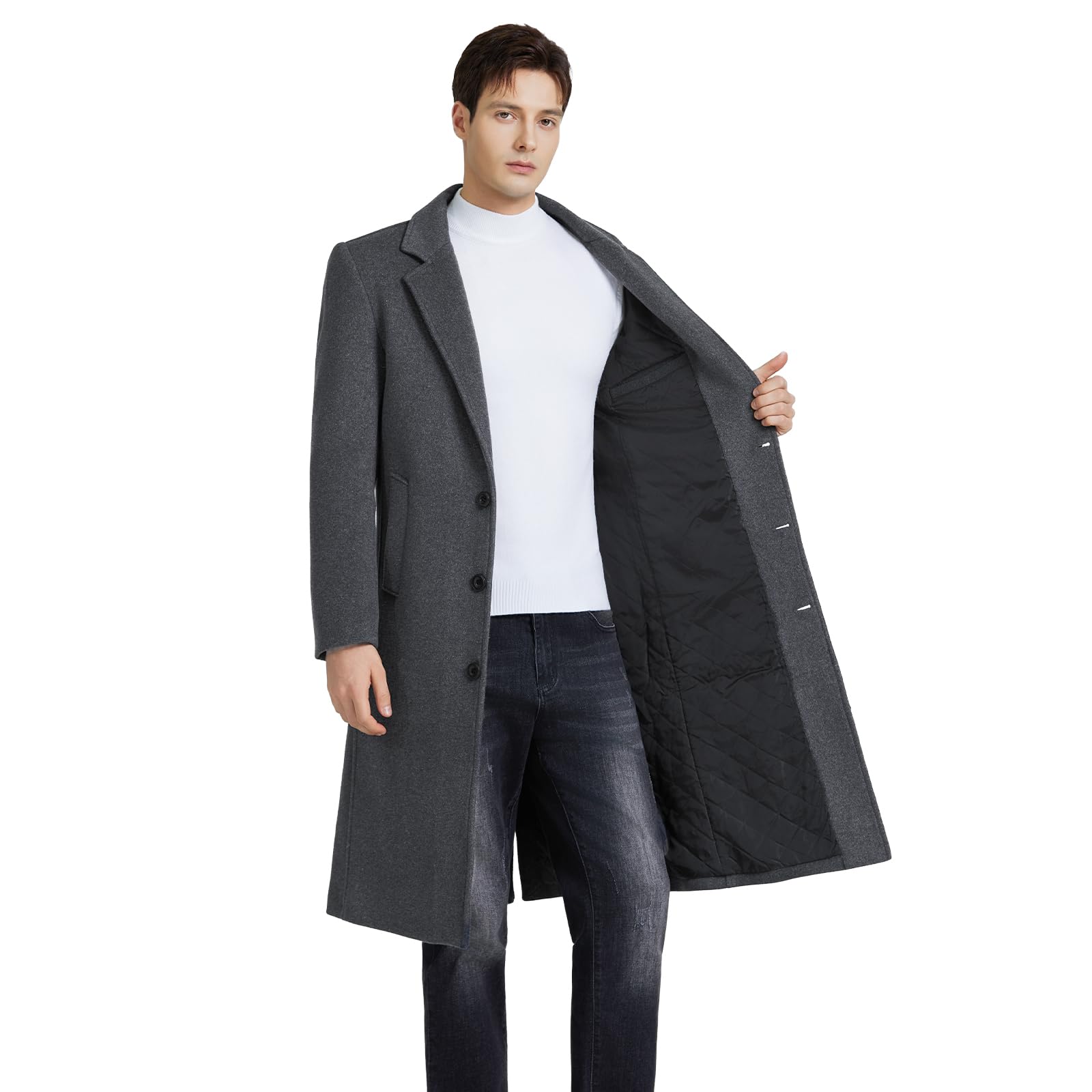 MODFUL Abrigo largo de lana para hombre con cuello muesca, abrigo cálido de invierno, informal, corte ajustado