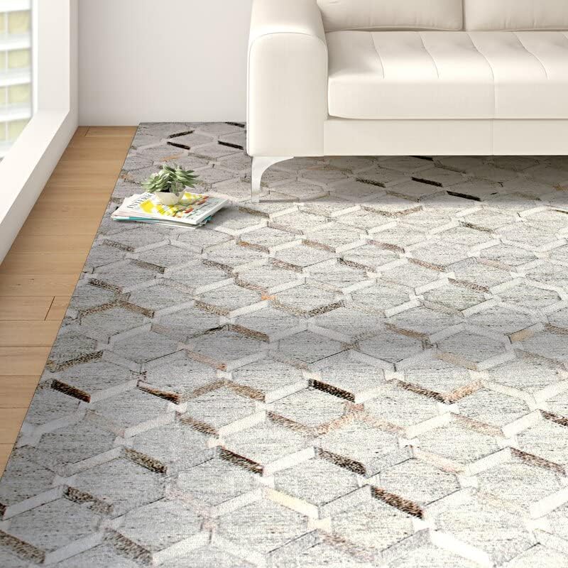 Modern Carpet Hand Woven Natural Cowhide Hair on Patch Work Leather Room Size Beautiful for Living Room C0130M (9'0X12'0, Grey)