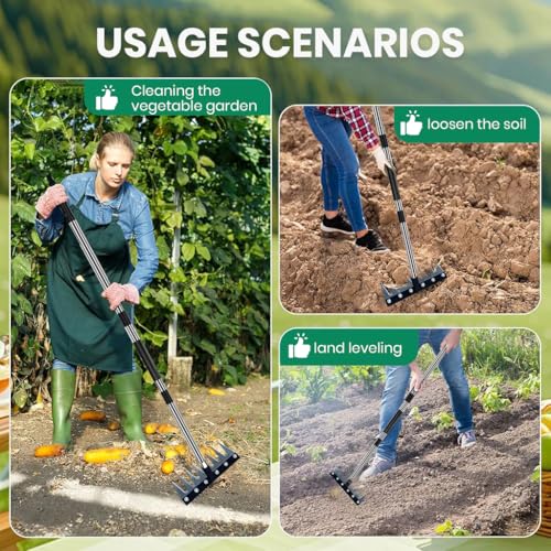 Image of HASTHIP Garden Rake 8-Spike Steel Detachable Long Handle for Yard