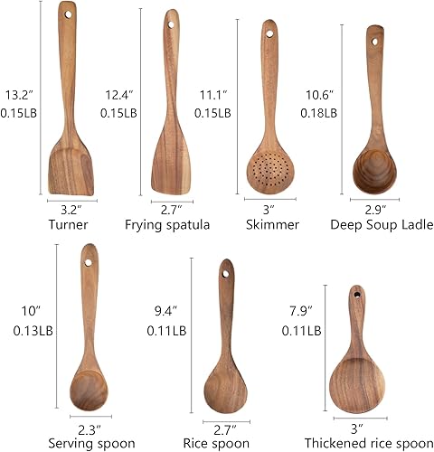 Miniatura 5 de JASHII Juego de 7 utensilios de cocina de madera, utensilios de madera para cocinar, espátula antiadherente, cucharón, utensilios de cocina