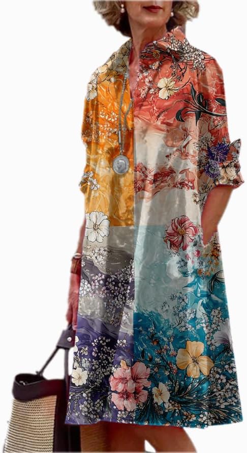 Shirt Dress for Women Floral Plus Size Long Sleeve Collared Button Down 2025 Summer Casual Midi Tunic Tshirt Dress