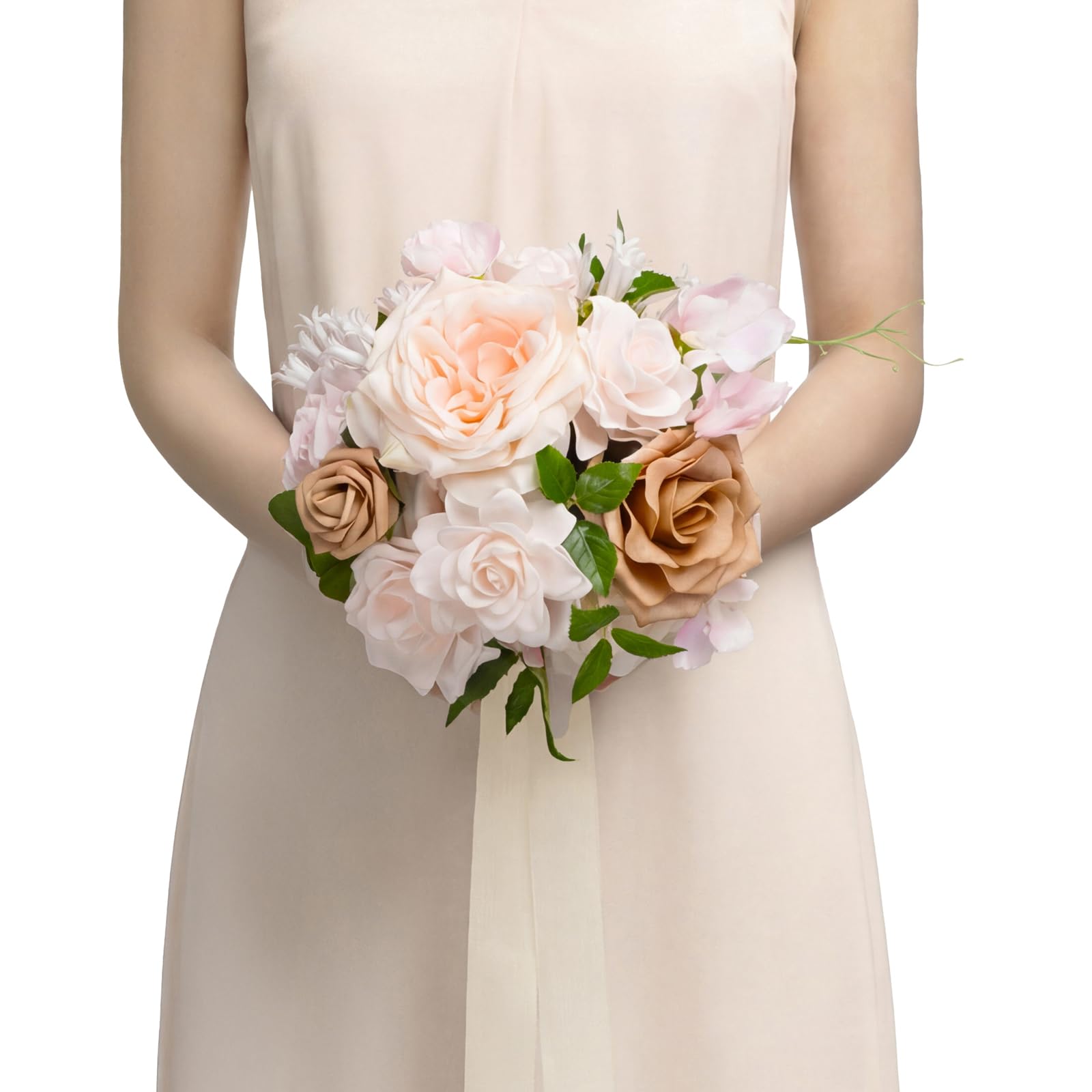 Ling's moment Pink Artificial Wedding Flower Bouquets for Bridesmaids Blush Floral Bouquet Bridal Bouquets for Bridesmaids with Ribbon Ceremony Anniversary,7-inch Diameter