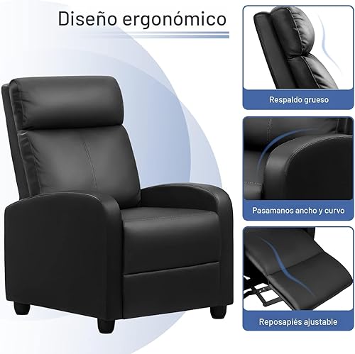 Miniatura 7 de Furniwell Silla reclinable de masaje para sala de estar, silla reclinable ajustable de piel sintética, asiento de cine en casa, moderno sofá Negro