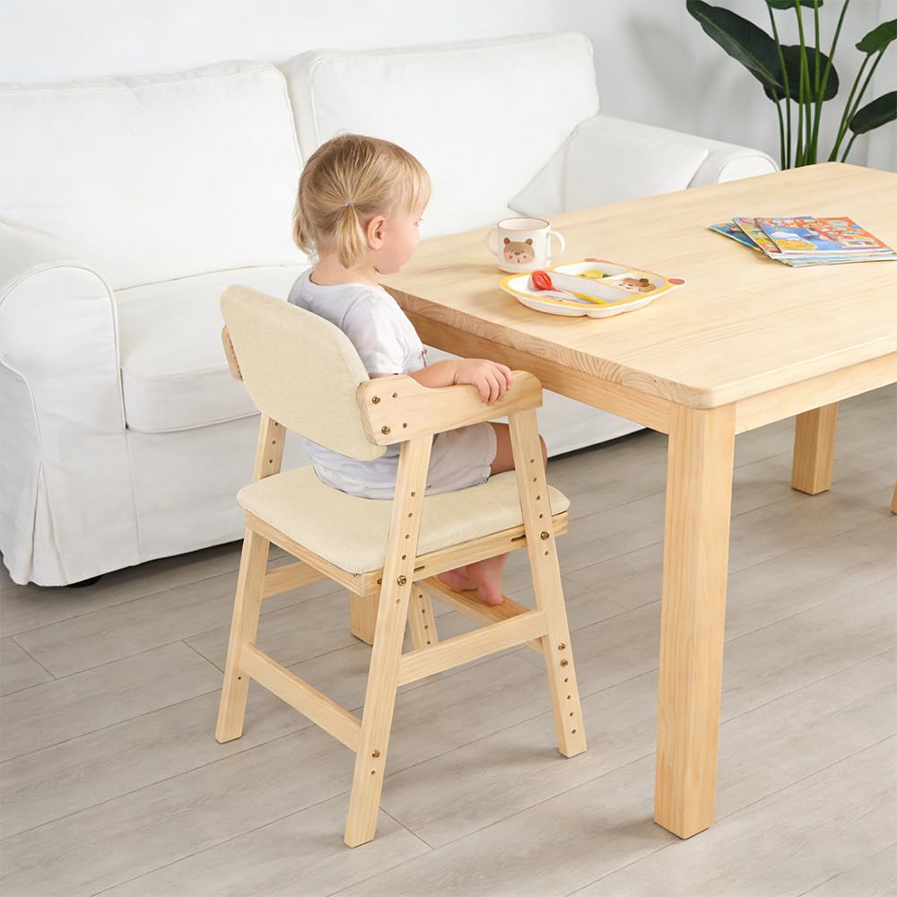 Tronas de Bebé Ajustable Trona Portatil Multifuncional，Silla Alta escalable de Madera Natural Sit Up 3 Altura Ajustable, 6 meses-10 años hasta 90 kg, 48 x 46 x 78 cm - Beige