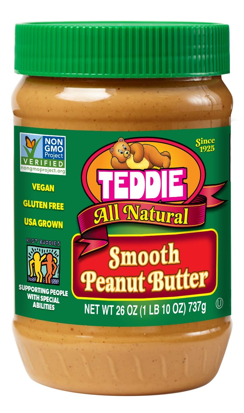 Teddie All Natural Smooth Peanut Butter, Gluten Free & Vegan, Plastic Jar (26 Ounce (Pack of 6))