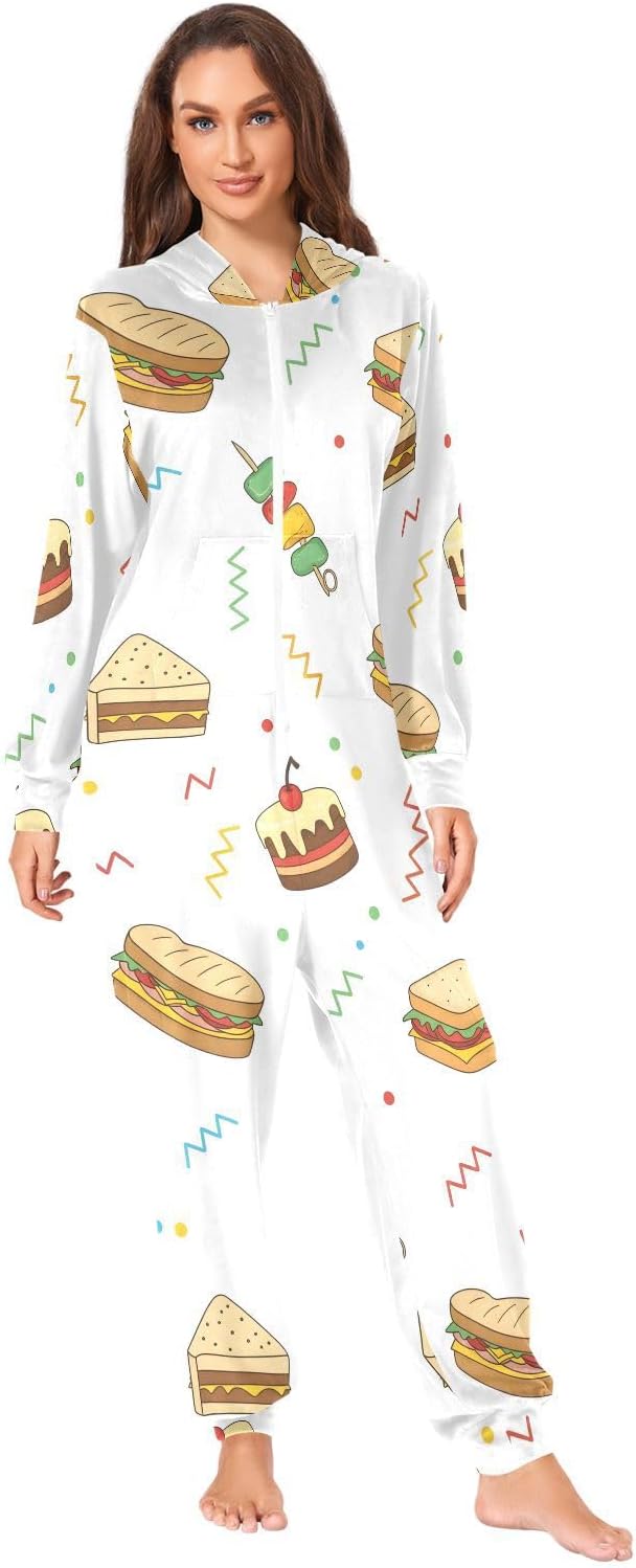 Adult Onesie Pajamas for Women Men Food Pattern with Sandwiches Costume Hooded Sleepwear Homewear