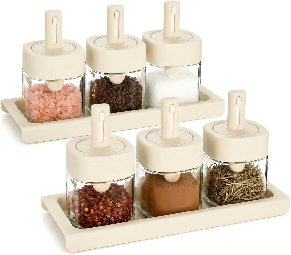 6 Pcs Glass Spice Jars with Retractable Spoon Lids, 10 oz Airtight Seasoning Containers with Tray Base & Labels, Moisture-Proof Condiment Pots Salt Sugar Dispenser for Kitchen