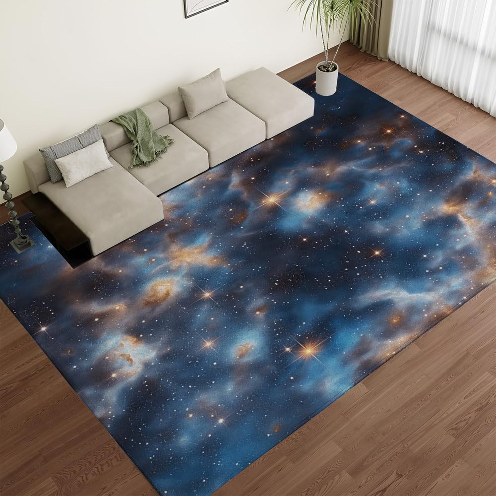 Tapis traditionnel chic bleu vintage à motif étoilé pour décoration raffinée