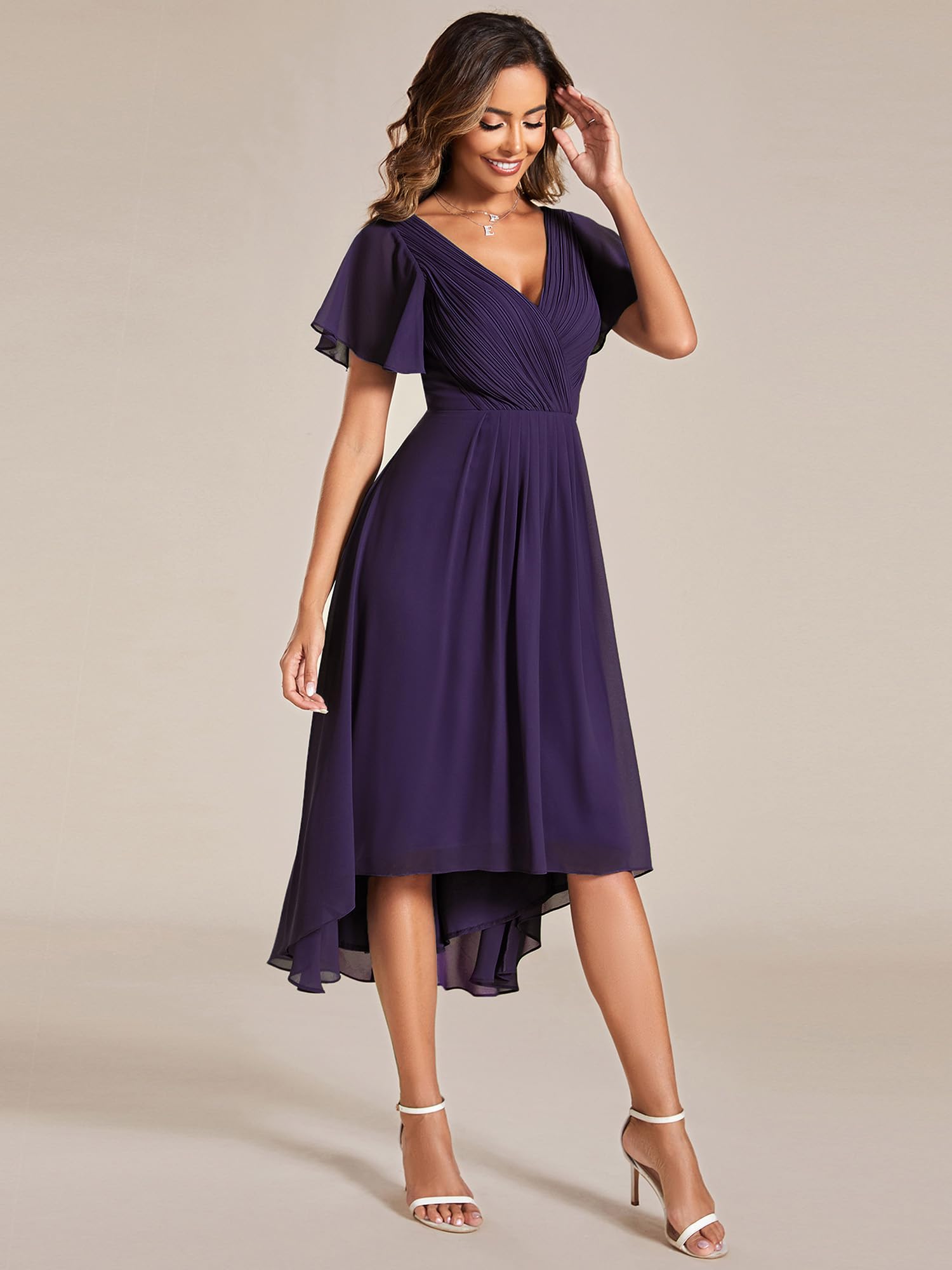 Ever-Pretty Vestido corto de gasa plisado con cuello en V para mujer, vestido de invitada de boda con mangas con volantes 01923