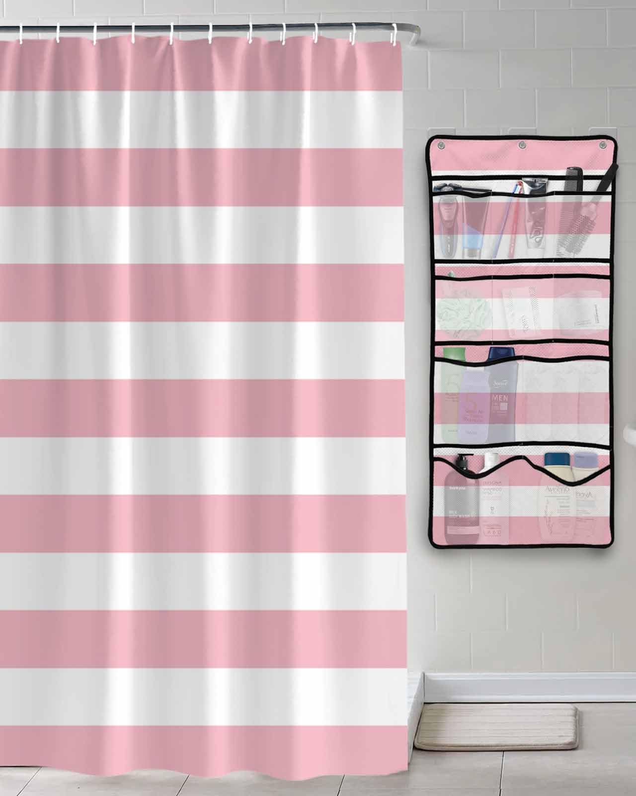 Shower Curtain Mesh Shower Organizer Hanging Set Pink and White Stripes Waterproof Shower Curtains with 10 Pockets Quick