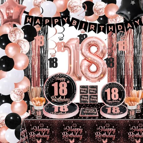 Décorations de fête pour 18e anniversaire noir et or rose avec assiettes et ballons pour 20 invités