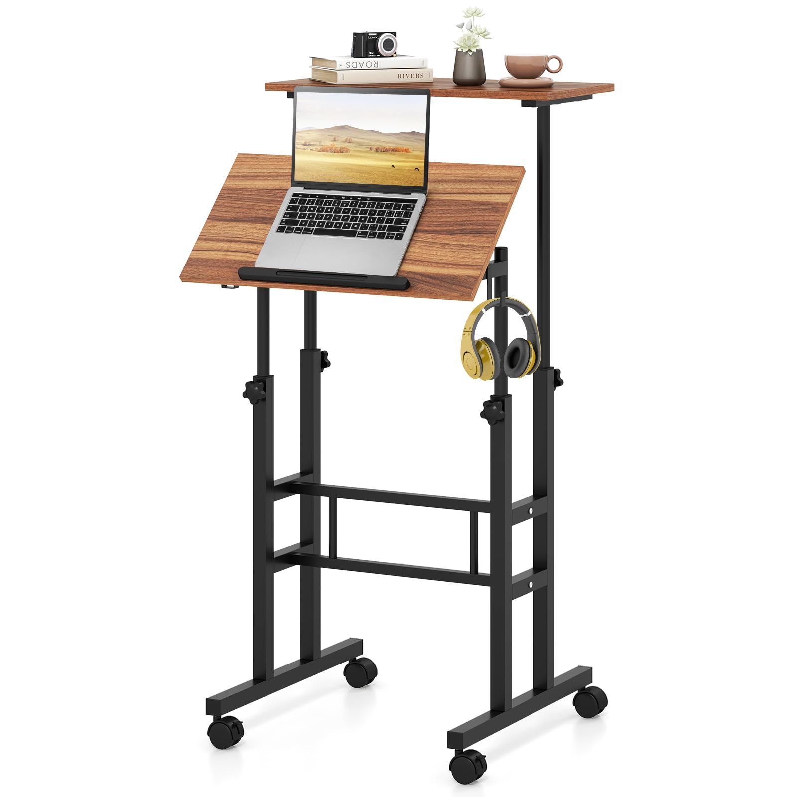 Giantex Mobile Standing Desk Portable Stand Up Desk Adjustable Height with Wheels Tilting Tabletop Hanging Hooks Home Office