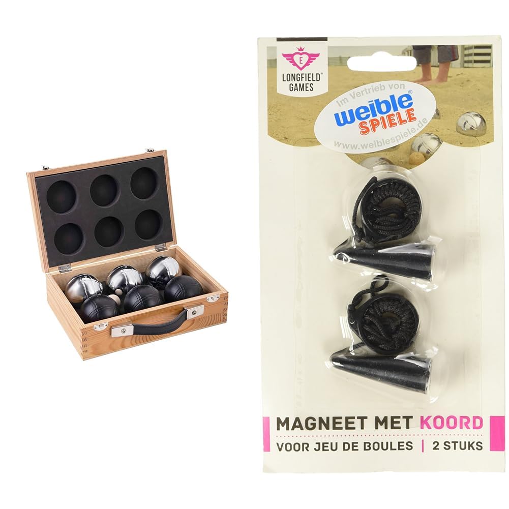 Engelhart - 010208 - Set Luxusbälle In Einer Holzkiste - Boules-Set, 6-Teilig, Schwarz/Silber - 720 GR & weiblespiele 010160 - Boules-Kugelmagnet