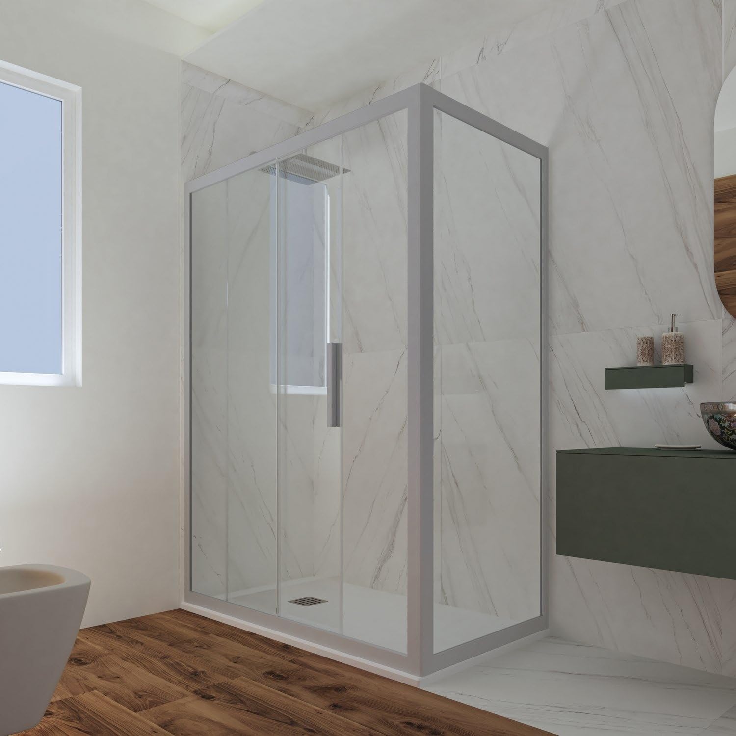 Mampara de ducha corredera 70x170 CM de PVC Plata H 200 Vidrio Transparente mod. Deco Duo