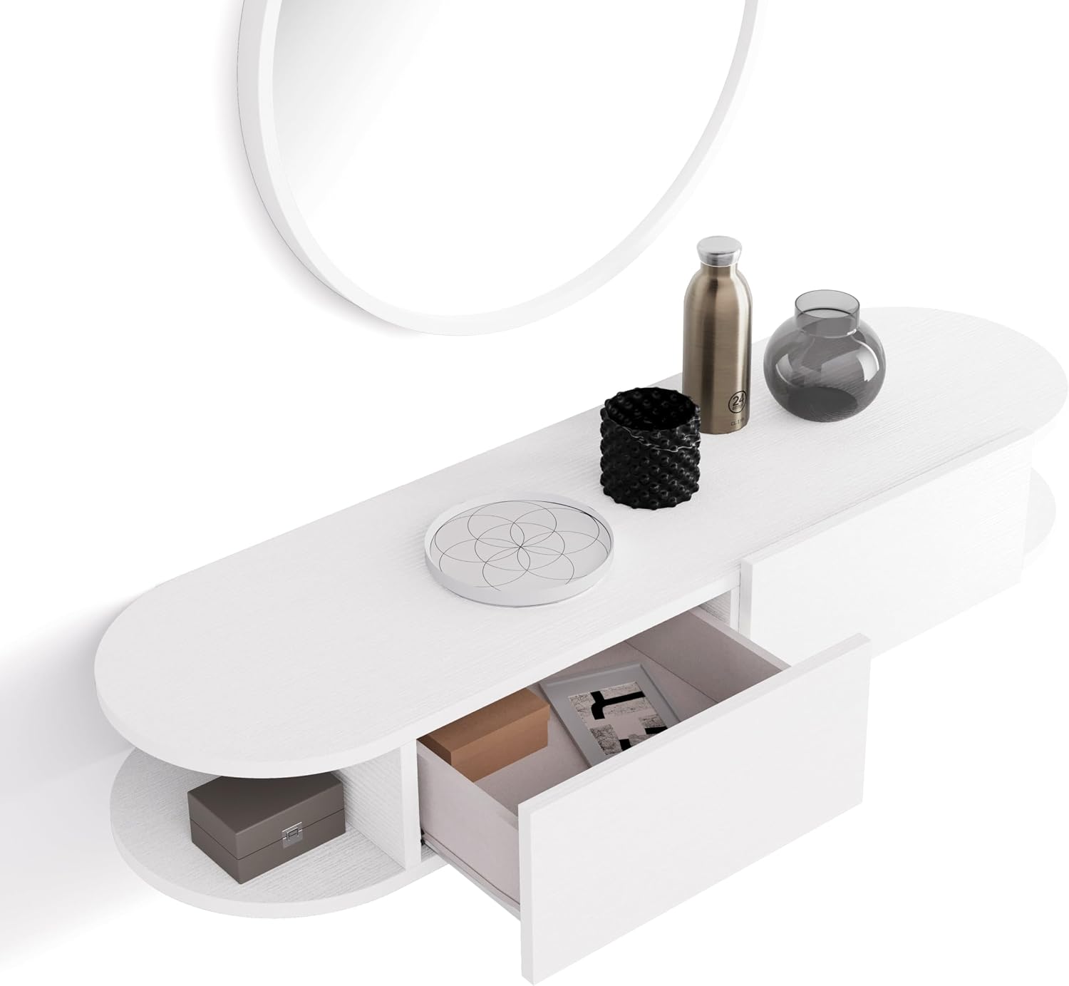 Mobili Fiver, Wall Mounted Console Table Olivia with 2 Drawers, Ashwood White, NO, Display Table for Hallway and Living Room, Console Table for Entryway, Italian Furniture
