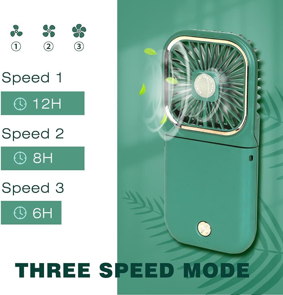 Portable Mini Fan - 5 in 1 with Phone Holder, Desk Fan, USB Rechargeable, 3000 mAh Power Bank, 3 Speed Adjustable, Neck Lanyard, Green - Image 5