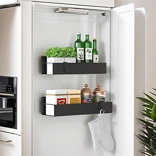 Easyhouse 2 Pack Magnetic Spice Storage Rack Organizer for Refrigerator and Oven, Moveable Magnetic Spice Organizer, Black Metal Strong Magnetic Shelf for Fridge and Microwave Oven